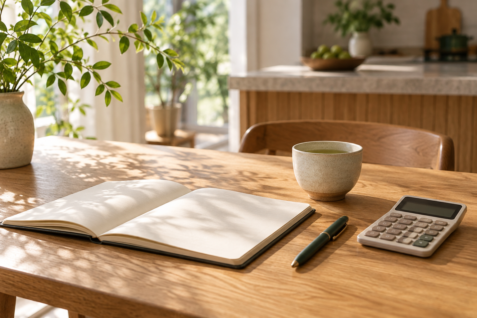 木の机の上に、白紙のノートと電卓、ペン、湯のみが置かれている