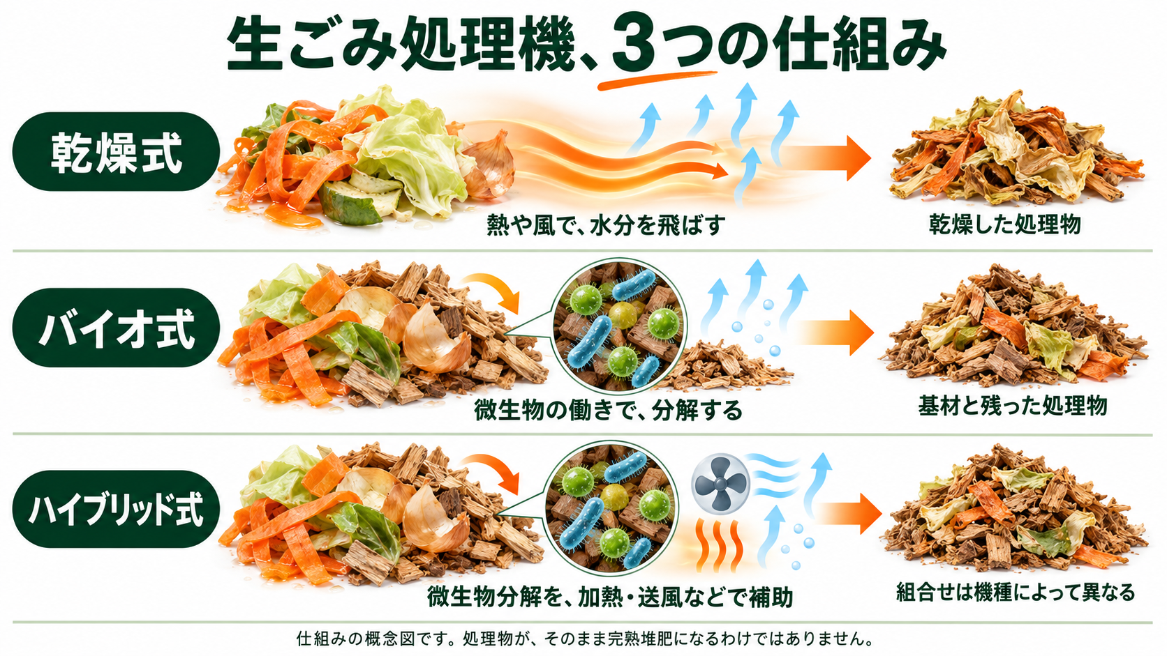 生ごみ処理機の3つの仕組みの概念図。乾燥式は熱や風で水分を飛ばして乾燥した処理物にする。バイオ式は基材の微生物の働きで分解する。ハイブリッド式は微生物の分解を加熱・送風などで補助し、組み合わせは機種によって異なる。処理物がそのまま完熟堆肥になるわけではないという注記つき